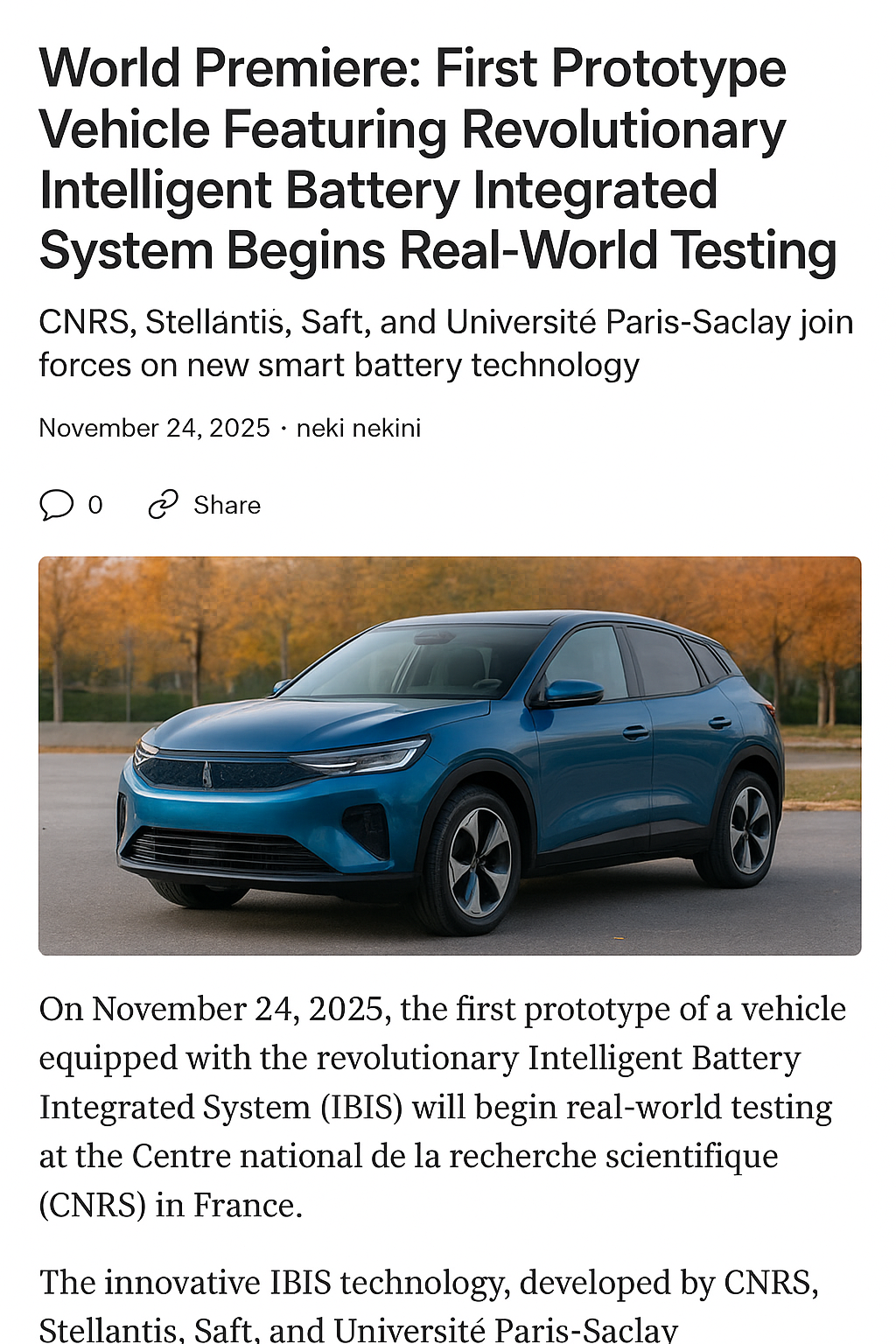 World First: Prototype Vehicle Featuring the Revolutionary Intelligent Battery Integrated System Begins Real-World Testing